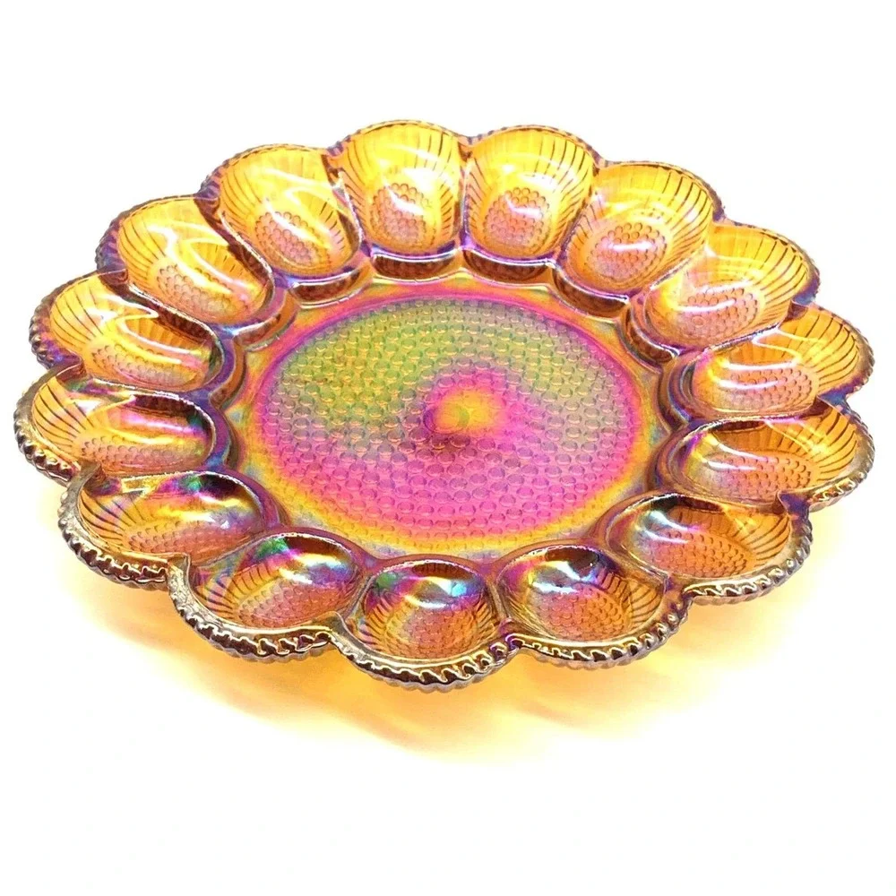 Indiana Glass Marigold Carnival Glass Deviled Egg Plate Relish Tray Hobnail 1213
